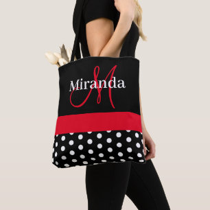 Schwarz-weiß Red Monogram Script Polka Dots Tasche