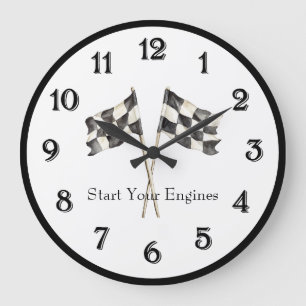 Schwarz-Weiß-Rennwagen-Flaggen Große Wanduhr