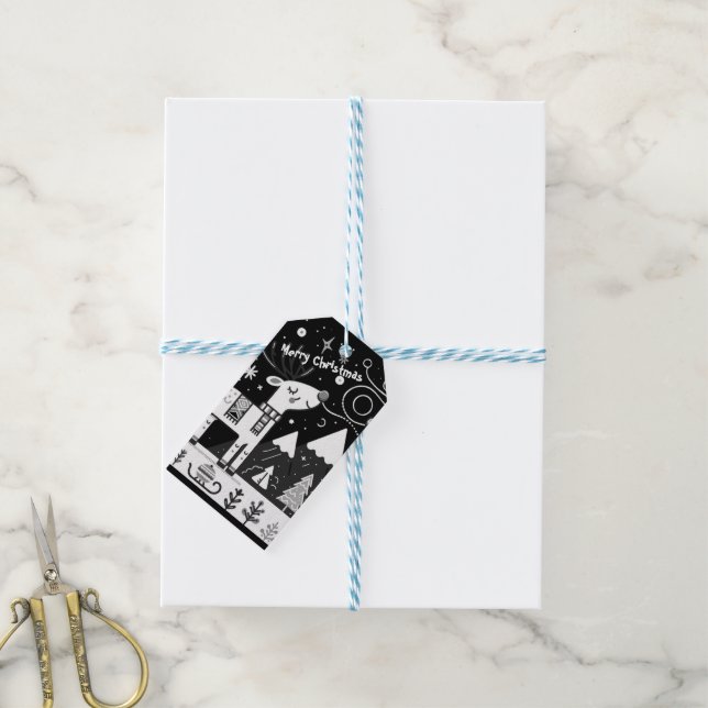 Schwarz-Weiß-Rentier-Muster Geschenkanhänger (Mit Garn)