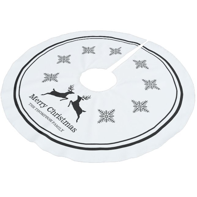 Schwarz & Weiß Rentiere mit Schneeflocken Weihnach Polyester Weihnachtsbaumdecke (Schrägansicht)
