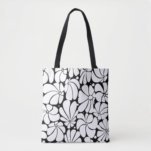 Schwarz-Weiß-Retro-70er-Blume Grafikdesign Tasche (Vorderseite)