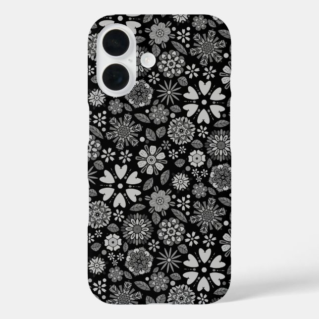 Schwarz-Weiß-Retro-Blumenkunst Nahtloses Muster iPhone 16 Hülle (Rückseite)