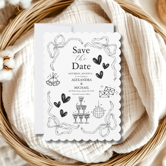 Schwarz-Weiß Retro Doodle Art Hochzeit Save The Date (Von Creator hochgeladen)