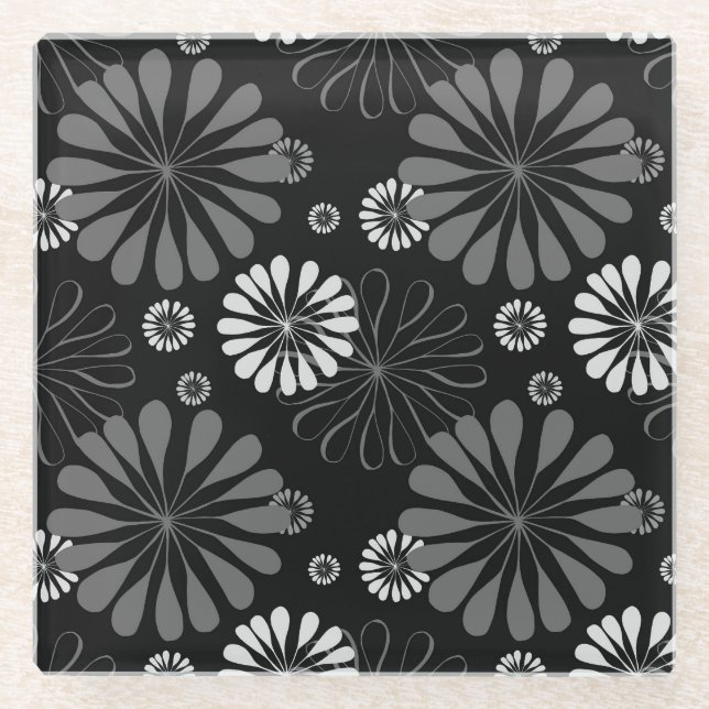 Schwarz-Weiß-Retro-Floral Glasuntersetzer (Vorderseite)