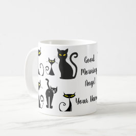 Schwarz-Weiß-Retro-Katzenmuster mit Typografie Kaffeetasse