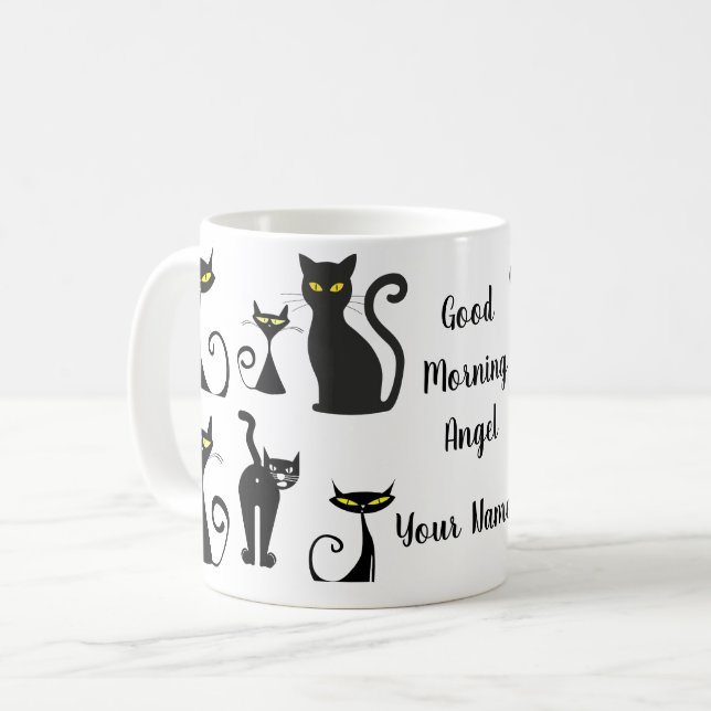 Schwarz-Weiß-Retro-Katzenmuster mit Typografie Kaffeetasse (Vorderseite Links)