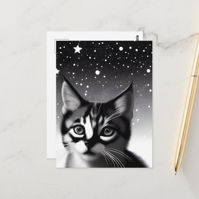 Schwarz-Weiß-Retro-Stars Kitten Postkarte (Vorderseite/Rückseite Beispiel)