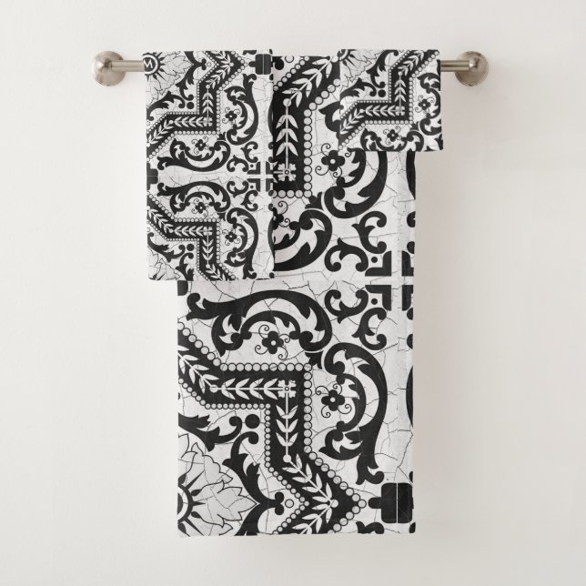 Schwarz-Weiß-Risse-Keramik Stil Azulejo Badhandtuch Set (Insitu)