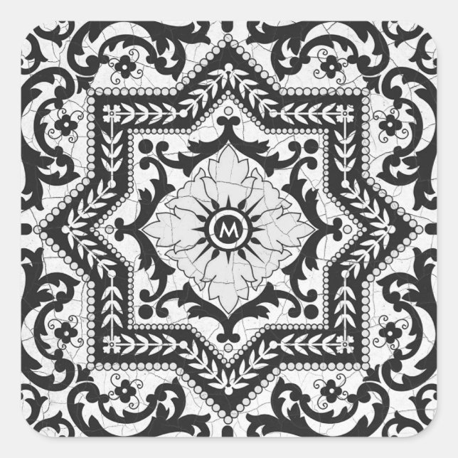 Schwarz-Weiß-Risse-Keramik Stil Azulejo Quadratischer Aufkleber (Vorderseite)