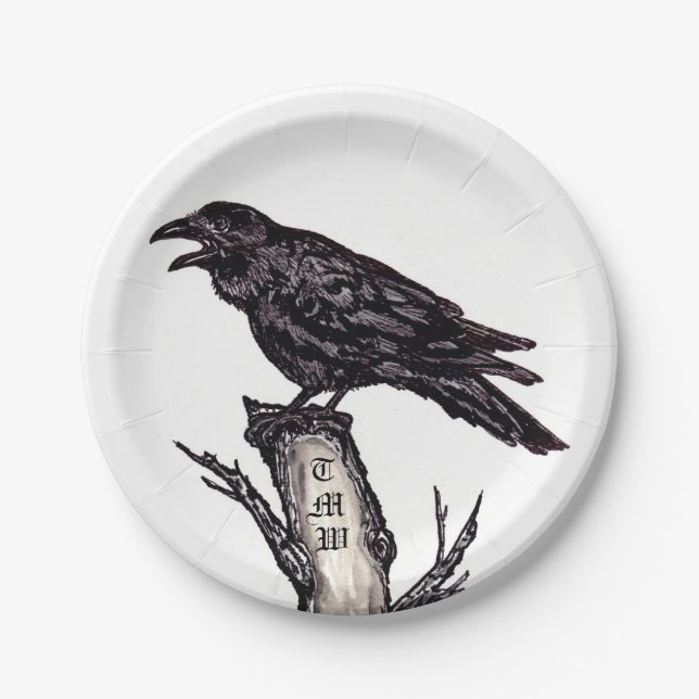Schwarz-Weiß-Rochen-Gothic-Bird-Monogramm Pappteller (Vorderseite)