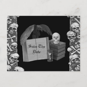 Schwarz-Weiß-Romanze-Totenkopf-Zauberbuch-Hochzeit Ankündigungspostkarte