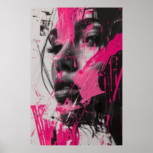 Schwarz-weiß rosa Abstrakte Malerei von Frauenpost Poster (Vorne)