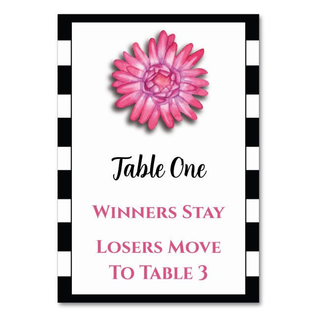 Schwarz-weiß rosa Blume Bunco Table Card #1 Tischnummer (Vorderseite)
