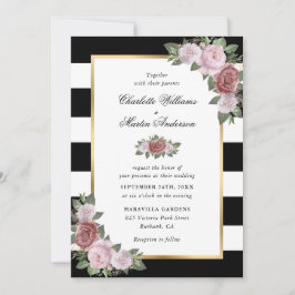 Schwarz-Weiß-Rosa-Blütenhochzeit Einladung