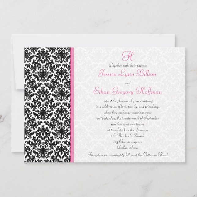 Schwarz, Weiß, rosa Damast Einladung zur Hochzeit (Vorderseite)