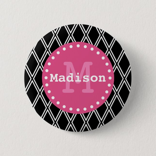 Schwarz-weiß-rosa-Diamantmuster-Monogramm Button (Vorderseite)