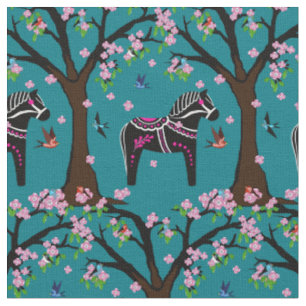 Schwarz/Weiß/Rosa Folk Dala Pferd/Vögel/Blume 2.7 Stoff