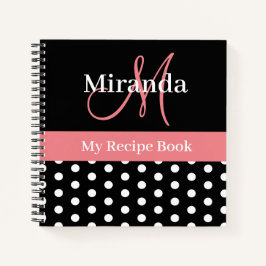 Schwarz-weiß rosa Monogram Script Polka Dots Rezep Notizbuch