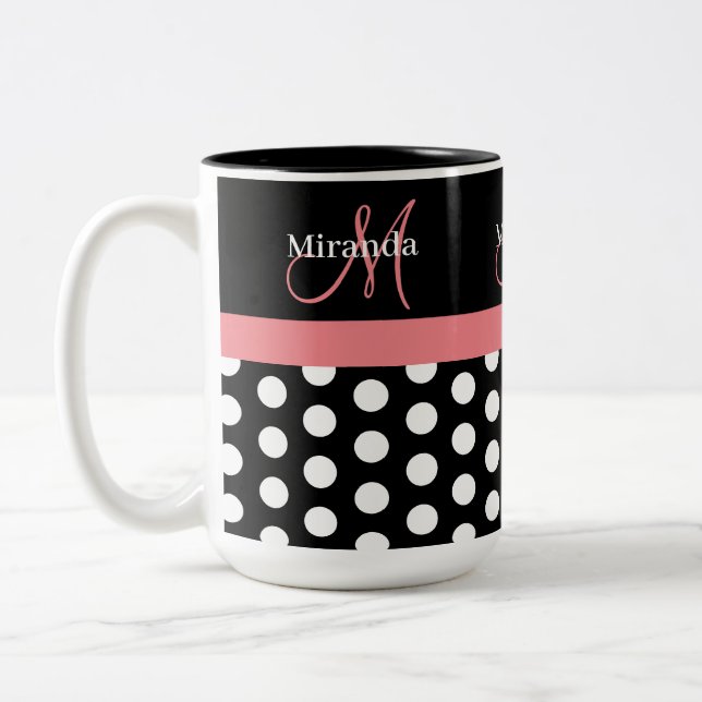 Schwarz-weiß-rosa-Monogramm-Polka-Dot Zweifarbige Tasse (Links)