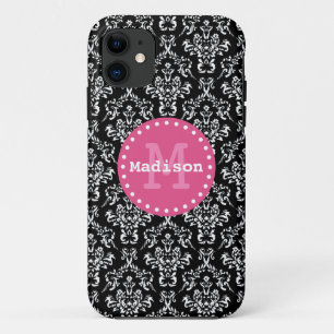 Schwarz-weiß rosa Viktorianische Damaselmonogramm Case-Mate iPhone Hülle