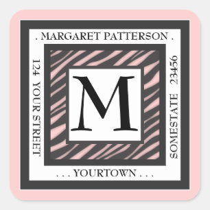 Schwarz-Weiß-Rosa-Zebra-Monogramm-Platz-Adresse Quadratischer Aufkleber
