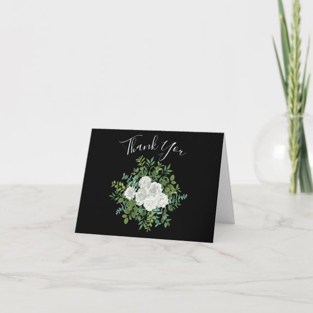 Schwarz-Weiß-Rose-Blumenhochzeit Dankeskarte (Vorderseite)