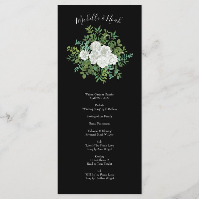Schwarz-Weiß-Rose-Blumenhochzeit Menükarte (Vorderseite)