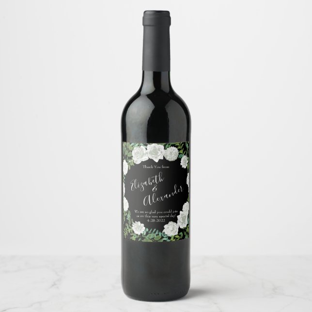 Schwarz-Weiß-Rose-Blumenhochzeit Weinetikett (Vorderseite)