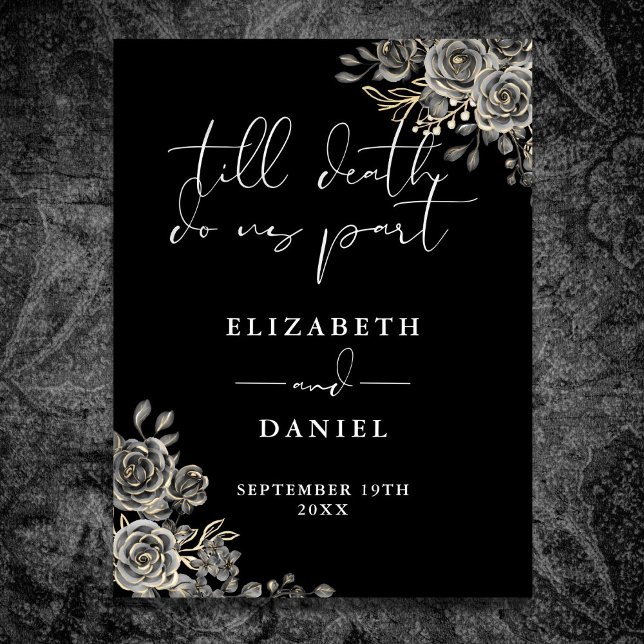 Schwarz-Weiß-Rose Blumenzettel Poster (Black And White Goth Roses Floral Wedding Sign)