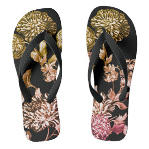 Schwarz-Weiß-Rose Gold Botanischer Blumenzahn Flip Flops
