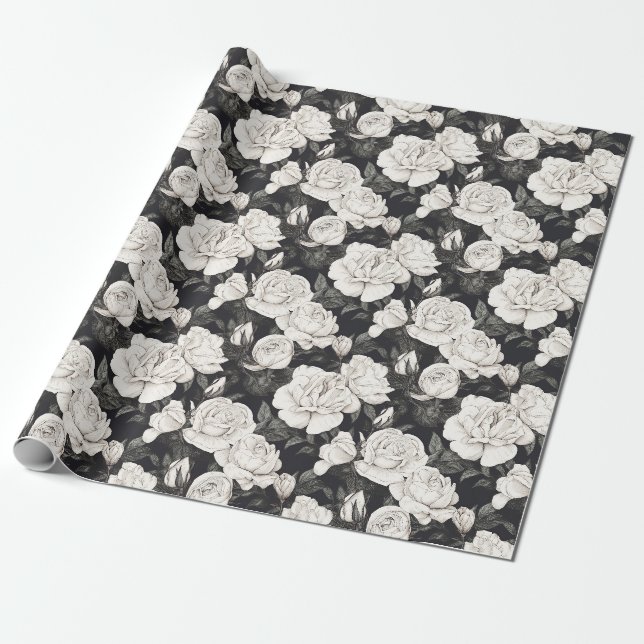 Schwarz-Weiß-Rose-Muster Geschenkpapier (Ungerollt)