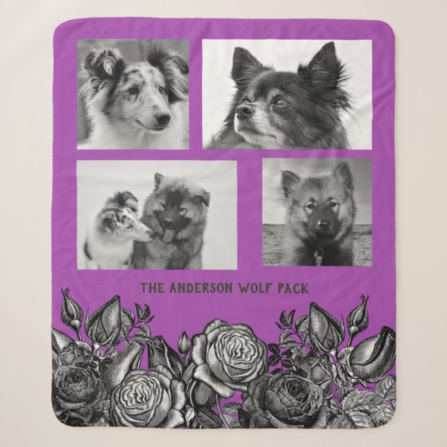 Schwarz-Weiß-Rosen Bright Lila FotoCollage Sherpadecke (Vorderseite)