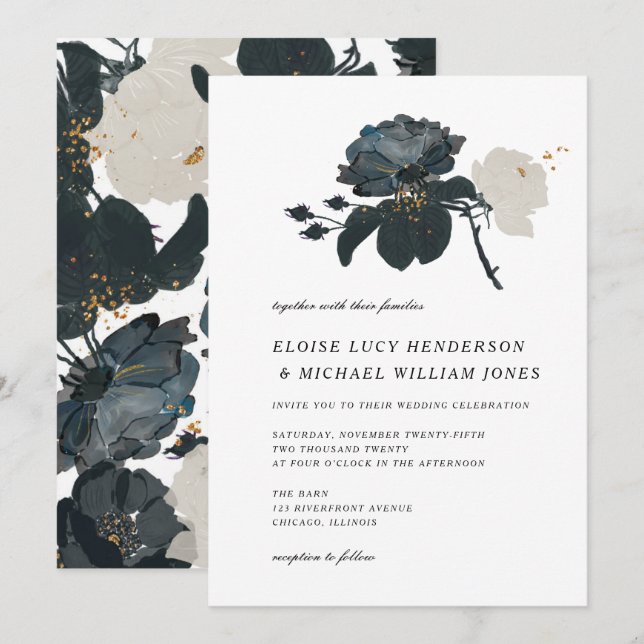 Schwarz-Weiß-Rosen-Hochzeit Einladung (Vorne/Hinten)