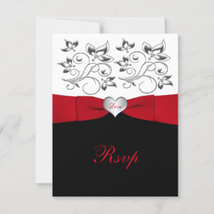 Schwarz Weiß Rot GEDRUCKTES BAND Florale Antwortka RSVP Karte