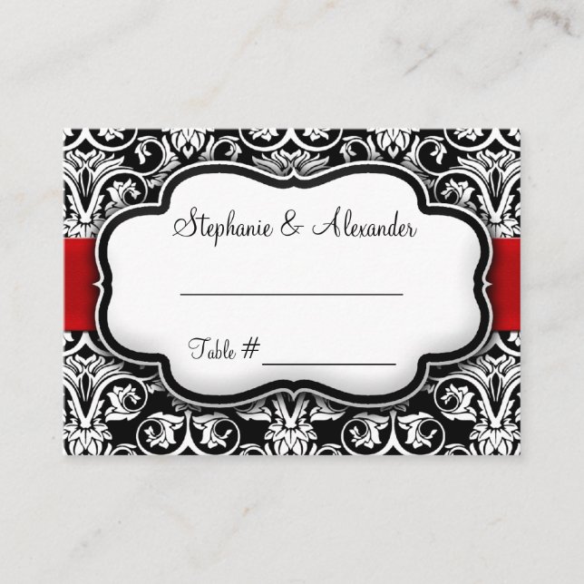 Schwarz/Weiß/Rot-Ribbon-Damaskus-Hochzeit Platzkarte (Vorderseite)
