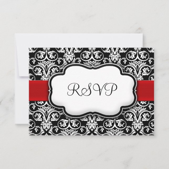 Schwarz/Weiß/Rot-Ribbon-Damaskus-Hochzeitsreaktion RSVP Karte (Vorderseite)
