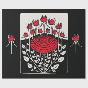 SCHWARZ WEIß ROTE ROSEN, ROSENKNOSPEN Art Nouveau  Geschenkpapier