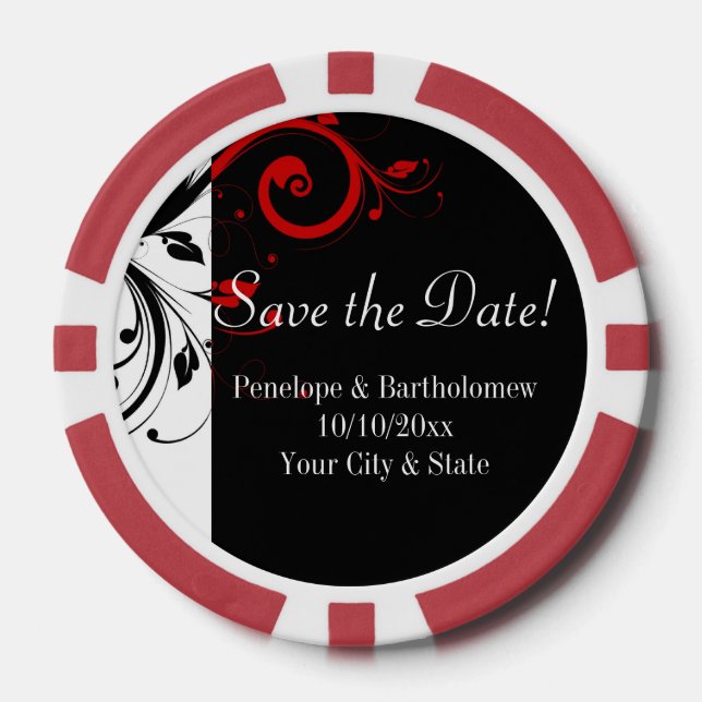 Schwarz, Weiß, Roter Swirbel Hochzeit speichern Si Pokerchips (Vorderseite)