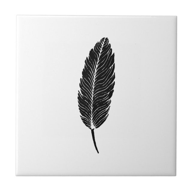 Schwarz-Weiß-Rustikal-Feather-Linocut Fliese (Vorderseite)