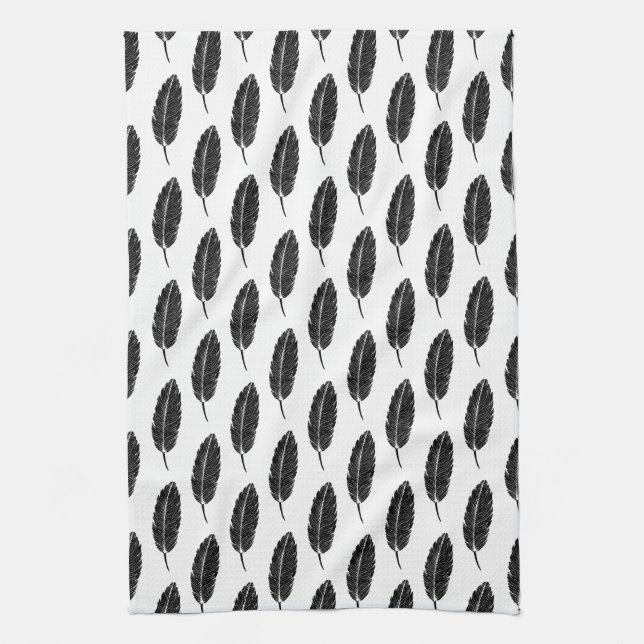 Schwarz-Weiß-Rustikal-Feather-Linocut Geschirrtuch (Vertikal)