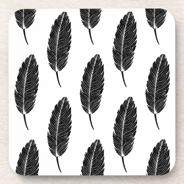 Schwarz-Weiß-Rustikal-Feather-Linocut Getränkeuntersetzer (Vorderseite)