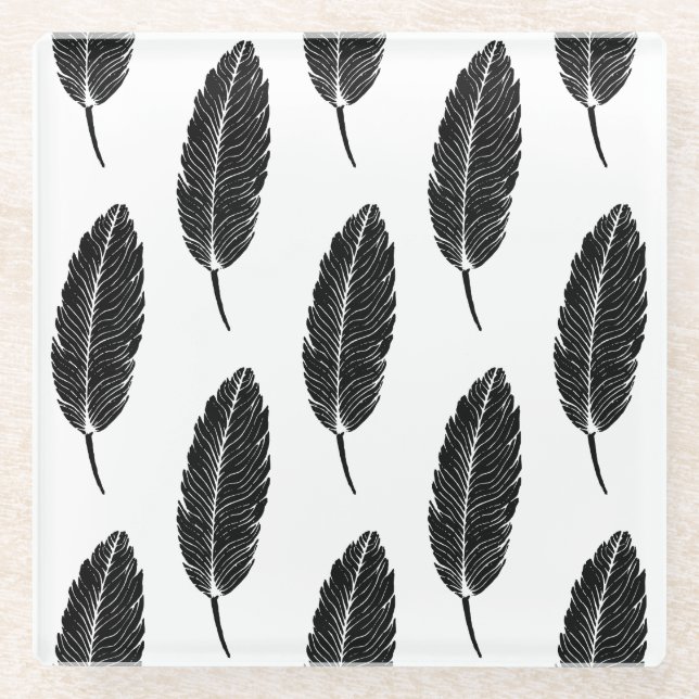 Schwarz-Weiß-Rustikal-Feather-Linocut Glasuntersetzer (Vorderseite)