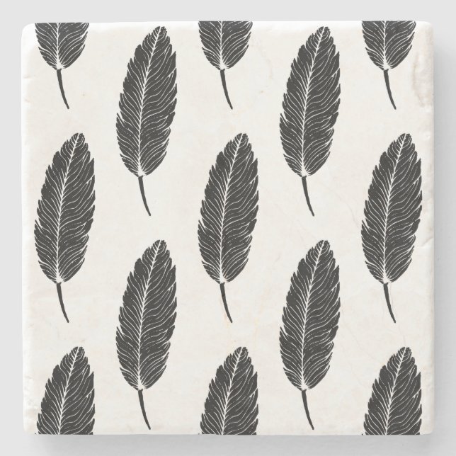 Schwarz-Weiß-Rustikal-Feather-Linocut Steinuntersetzer (Vorderseite)