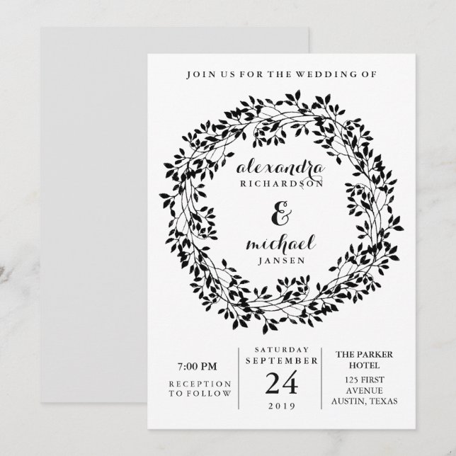 Schwarz-Weiß-Rustikal-Kranz-Hochzeit Einladung (Vorne/Hinten)
