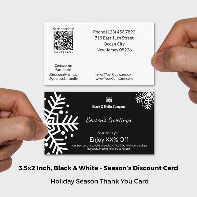 Schwarz/Weiß Saison - Gruß Vielen Dank Rabattkarte (Black & White Seasonal Greetings Thank You Discount Card; Size 3.5x2 Inch (US))