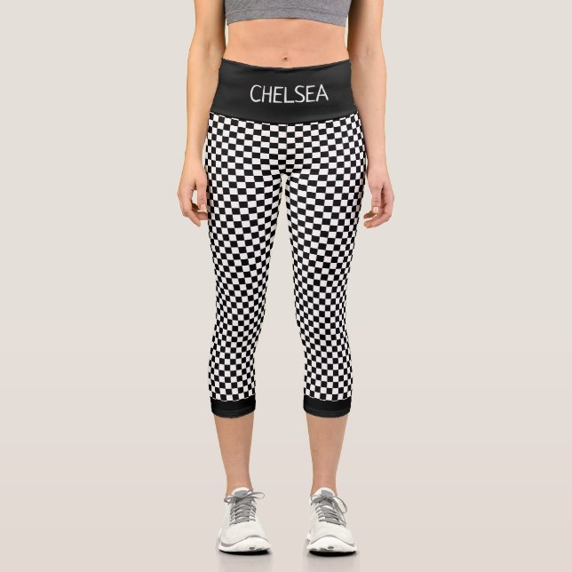 Schwarz-Weiß-Schachbrett-Muster Capri Leggings (Vorderseite)