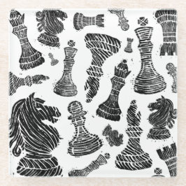 Schwarz-Weiß-Schachfiguren Linocut Glasuntersetzer