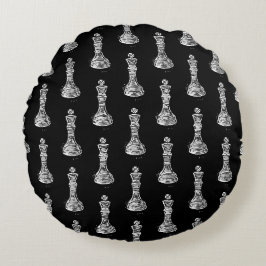 Schwarz & Weiß Schachfiguren Linocut King Rundes Kissen