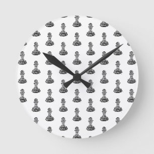 Schwarz & Weiß Schachfiguren Linocut Pawn Runde Wanduhr