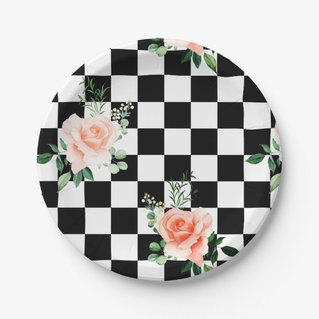Schwarz-Weiß-Schachtel und Rosa-Rosa-Druck Pappteller (Vorderseite)
